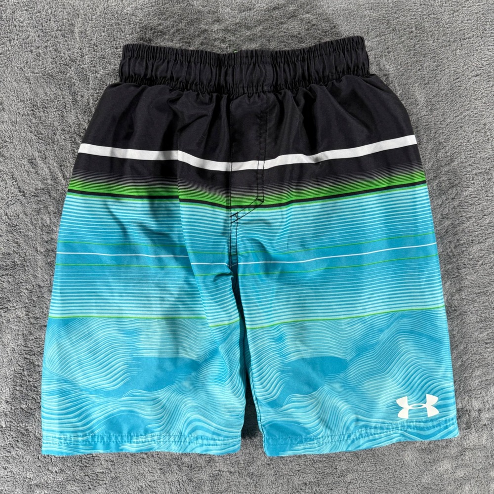 Under Armour Swim Trunks Kids Small Blue Striped Wave Print Board Shorts